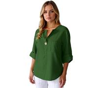 Women's Summer Casual Linen Blend V-Neck Button Down Shirt Loose Fit Short Sleeve Tunic Top with Pocket for Beach Vacation Daily Wear Black