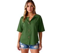 Women's Summer Casual Linen Blend V Neck Button Down Short Sleeve Shirt Loose Fit Tunic Top with Pocket for Beach Vacation Daily Wear Navy Blue