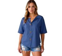 Women's Summer Casual Linen Blend V Neck Button Down Short Sleeve Shirt Loose Fit Tunic Top with Pocket for Beach Vacation Daily Wear Navy Blue