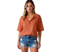 Women's Summer Casual Linen Blend V Neck Button Down Short Sleeve Shirt Loose Fit Tunic Top with Pocket for Beach Vacation Daily Wear Navy Blue