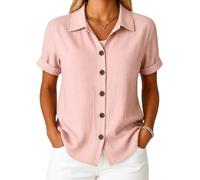 Women's Summer Casual Linen Button Down Shirt Short Sleeve Loose Fit Beach Blouse Tops Lightweight Breathable Cotton Blend Collared Tunic for Vacation Work Daily Wear