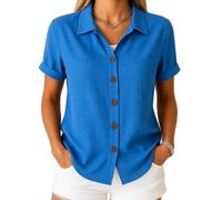 Women's Summer Casual Linen Button Down Shirt Short Sleeve Loose Fit Beach Blouse Tops Lightweight Breathable Cotton Blend Collared Tunic for Vacation Work Daily Wear