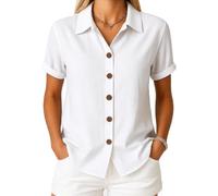 Women's Summer Casual Linen Button Down Shirt Short Sleeve Loose Fit Beach Blouse Tops Lightweight Breathable Cotton Blend Collared Tunic for Vacation Work Daily Wear
