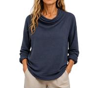 Women's Summer Casual Loose Fit Cotton Linen Long Sleeve Solid Color Cowl Neck Pullover Top with Wrinkle Texture for Daily Wear Vacation
