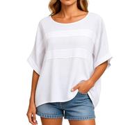Women's Summer Casual Loose Fit Round Neck Batwing Sleeve Linen Blend Tunic Top with Side Pockets for Beach Vacation Daily Wear Solid Color Blouse