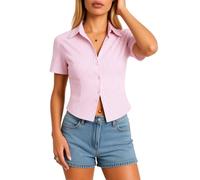 Women's Summer Casual Pink White Vertical Striped Short Sleeve Button Down Shirt V Neck Fitted Crop Top Blouse for Girls Ladies Office Work