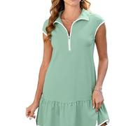 Women's Summer Casual Polo Collar Zip Up Dress Sleeveless A-Line Ruffle Hem Mini Dress with White Piping for Tennis Golf Vacation Beach