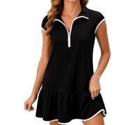 Women's Summer Casual Polo Collar Zip Up Dress Sleeveless A-Line Ruffle Hem Mini Dress with White Piping for Tennis Golf Vacation Beach