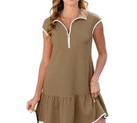 Women's Summer Casual Polo Collar Zip Up Dress Sleeveless A-Line Ruffle Hem Mini Dress with White Piping for Tennis Golf Vacation Beach