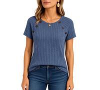 Women's Summer Casual Ribbed Knit Short Sleeve T Shirt Top Round Neck Button Detail Raglan Sleeve Blouse Ladies Daily Wear Comfortable Soft Breathable Fit