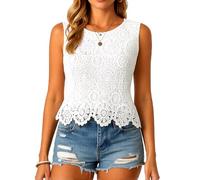 Women's Summer Casual Round Neck Lace Hollow out Sleeveless Vest Top Boho Crochet Tank Top for Beach Party Daily Wear White