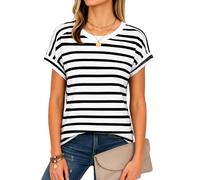 Women's Summer Casual Round Neck Short Sleeve Striped T-Shirt Loose Fit Blue White Horizontal Stripe Top Soft Cotton Blend tee For Daily Wear Beach