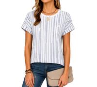 Women's Summer Casual Round Neck Short Sleeve Striped T-Shirt Loose Fit Blue White Horizontal Stripe Top Soft Cotton Blend tee For Daily Wear Beach