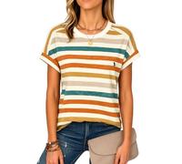 Women's Summer Casual Round Neck Short Sleeve Striped T-Shirt Loose Fit Blue White Horizontal Stripe Top Soft Cotton Blend tee For Daily Wear Beach
