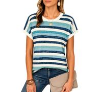 Women's Summer Casual Round Neck Short Sleeve Striped T-Shirt Loose Fit Blue White Horizontal Stripe Top Soft Cotton Blend tee For Daily Wear Beach