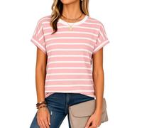 Women's Summer Casual Round Neck Short Sleeve Striped T-Shirt Loose Fit Blue White Horizontal Stripe Top Soft Cotton Blend tee For Daily Wear Beach