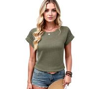 Women's Summer Casual Round Neck Waffle Knit Short Sleeve T Shirt Top with Lace Detail Hollow out Design Breathable Soft Fabric For Daily Wear and Travel