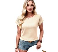 Women's Summer Casual Round Neck Waffle Knit Short Sleeve T Shirt Top with Lace Detail Hollow out Design Breathable Soft Fabric For Daily Wear and Travel