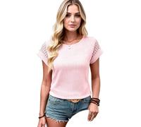Women's Summer Casual Round Neck Waffle Knit Short Sleeve T Shirt Top with Lace Detail Hollow out Design Breathable Soft Fabric For Daily Wear and Travel