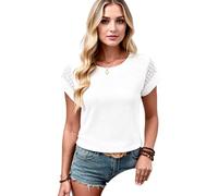 Women's Summer Casual Round Neck Waffle Knit Short Sleeve T Shirt Top with Lace Detail Hollow out Design Breathable Soft Fabric For Daily Wear and Travel