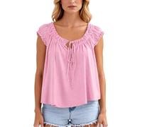 Women's Summer Casual Ruffle Sleeve Square Neck Blouse Pink Flowy Tie Front Tank Top Loose Fit Cute Vacation Beach Shirt for Ladies Girls