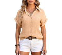 Women's Summer Casual Short Sleeve Button Down Shirt Loose Fit Crinkle Textured Blouse Beach Vacation Top with Rolled Cuffs Lightweight Airy