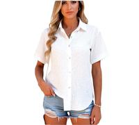 Women's Summer Casual Short Sleeve Button Down Shirt Solid Color Cotton Linen Blouse Loose Fit Lightweight Beach Vacation Top for Ladies