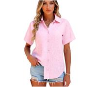 Women's Summer Casual Short Sleeve Button Down Shirt Solid Color Cotton Linen Blouse Loose Fit Lightweight Beach Vacation Top for Ladies