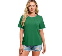 Women's Summer Casual Short Sleeve Tunic Tops Round Neck Pintuck Detail Blouse with Contrast Trim Loose Fit tee Shirt for Vacation