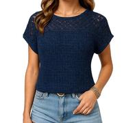 Women's Summer Casual Short Sleeve Waffle Knit Crochet Lace Top Boho Hollow out T-Shirt Loose Fit Crew Neck Blouse for Vacation Beach