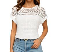 Women's Summer Casual Short Sleeve Waffle Knit Crochet Lace Top Boho Hollow out T-Shirt Loose Fit Crew Neck Blouse for Vacation Beach