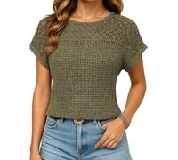 Women's Summer Casual Short Sleeve Waffle Knit Crochet Lace Top Boho Hollow out T-Shirt Loose Fit Crew Neck Blouse for Vacation Beach