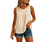 Women's Summer Casual Sleeveless Tank Top with Lace Trim Eyelet Fabric Loose Fit Round Neck Blouse for Beach Vacation Daily Wear White