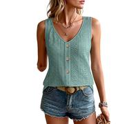 Women's Summer Casual Sleeveless Top V-Neck Button Down Eyelet Embroidered Vest Loose Fit Breathable White Tank Blouse for Beach Vacation
