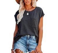 Women's Summer Casual Solid Color Crew Neck Short Sleeve Loose Fit T-Shirt with Side Pocket Relaxed Fit Basic tee Top for Daily Wear Vacation