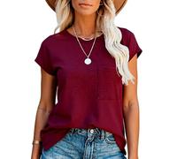 Women's Summer Casual Solid Color Crew Neck Short Sleeve Loose Fit T-Shirt with Side Pocket Relaxed Fit Basic tee Top for Daily Wear Vacation
