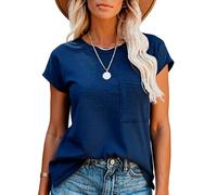 Women's Summer Casual Solid Color Crew Neck Short Sleeve Loose Fit T-Shirt with Side Pocket Relaxed Fit Basic tee Top for Daily Wear Vacation