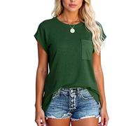 Women's Summer Casual Solid Color Crew Neck Short Sleeve Loose Fit T-Shirt with Side Pocket Relaxed Fit Basic tee Top for Daily Wear Vacation