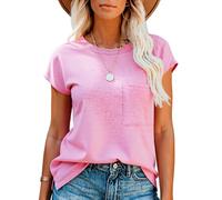 Women's Summer Casual Solid Color Crew Neck Short Sleeve Loose Fit T-Shirt with Side Pocket Relaxed Fit Basic tee Top for Daily Wear Vacation