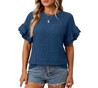 Women's Summer Casual Solid Color Round Neck Ruffle Sleeve Short Sleeve Top Eyelet Lace Textured Blouse for Daily Wear Vacation Beach Outfit