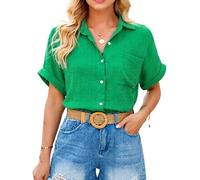 Women's Summer Casual Solid Crinkle Gauze Button Down Shirt Short Sleeve Relaxed Fit Beach Vacation Blouse with Chest Pocket Hot Magenta