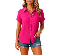 Women's Summer Casual Solid Crinkle Gauze Button Down Shirt Short Sleeve Relaxed Fit Beach Vacation Blouse with Chest Pocket Hot Magenta