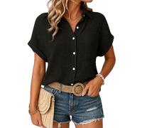 Women's Summer Casual Solid Crinkle Gauze Button Down Shirt Short Sleeve Relaxed Fit Beach Vacation Blouse with Chest Pocket Hot Magenta