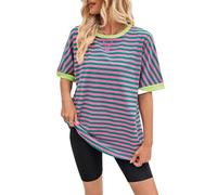 Women's Summer Casual Striped Color Block T-Shirt Loose Fit Batwing Sleeve Crew Neck Top Trendy Short Sleeve Blouse for Daily Wear Vacation