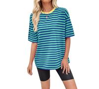 Women's Summer Casual Striped T-Shirt Loose Fit Color Block Round Neck Short Sleeve tee Vibrant Blue Green Stripe Oversized Shirt for Daily Use