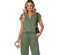 Women's Summer Casual Two Piece Outfits Short Sleeve V Neck Button Down Top and Wide Leg Cropped Pants Lounge Set with Pockets Navy Blue