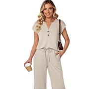 Women's Summer Casual Two Piece Outfits Short Sleeve V Neck Button Down Top and Wide Leg Cropped Pants Lounge Set with Pockets Navy Blue