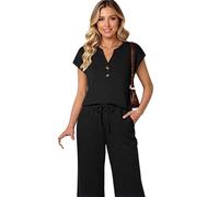 Women's Summer Casual Two Piece Outfits Short Sleeve V Neck Button Down Top and Wide Leg Cropped Pants Lounge Set with Pockets Navy Blue