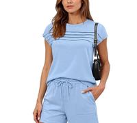 Women's Summer Casual Two Piece Set Short Sleeve Pleated Top and Drawstring Shorts Lounge Wear Solid Color Outfit for Vacation Beach Daily Life
