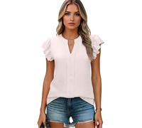 Women's Summer Casual V Neck Ruffle Sleeve Textured Blouse Navy Blue Short Sleeve Pleated Front Shirt Top for Daily Work Beach Vacation